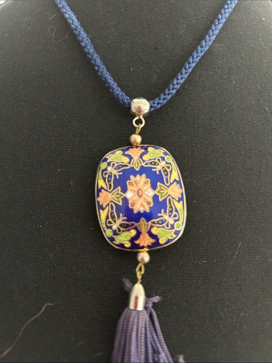 Jewelry - Vintage Blue and Purple Cloisonné ButterflyMedallion Tassel Necklace